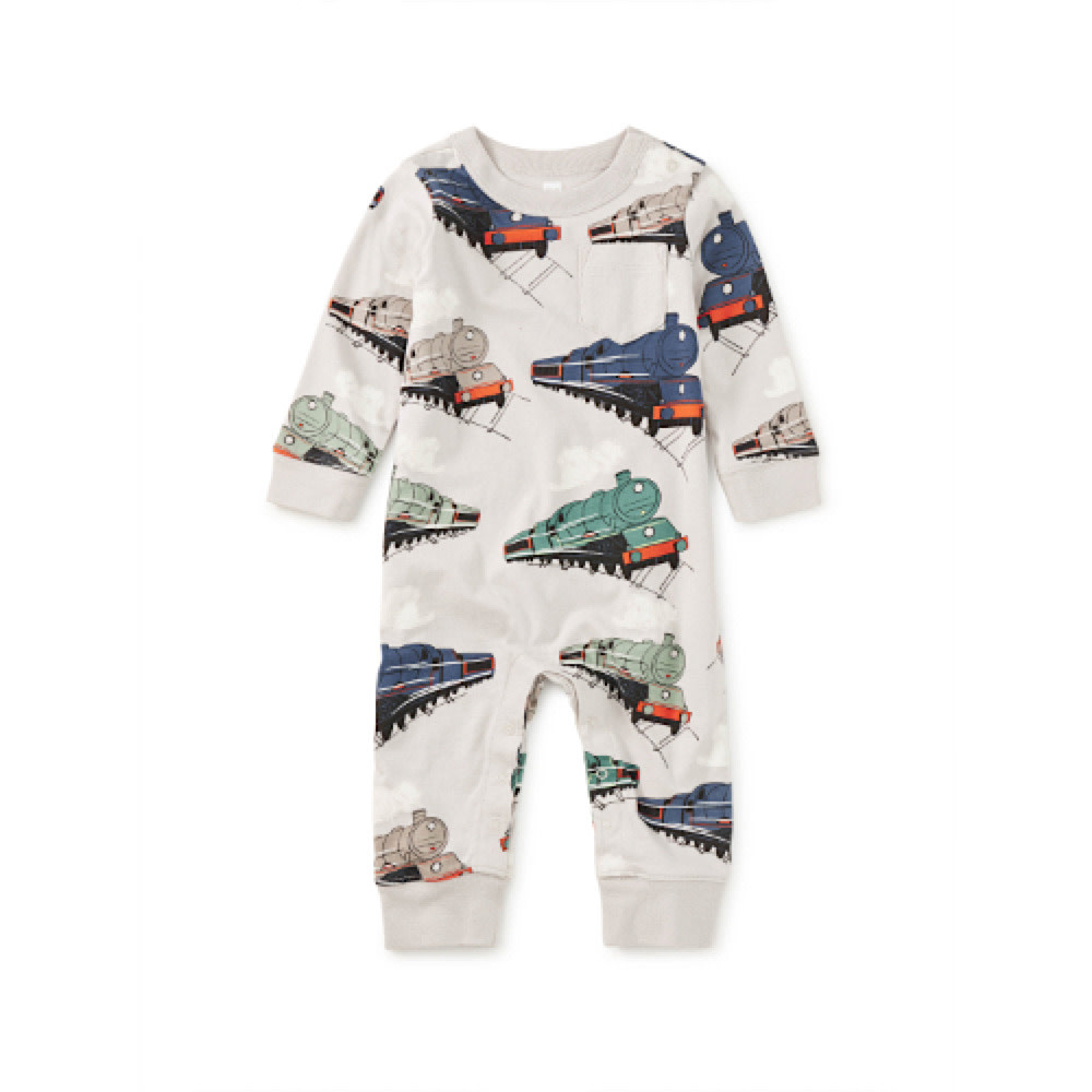 Tea Collection Long Sleeve Pocket Baby Romper - Great Railway Journey