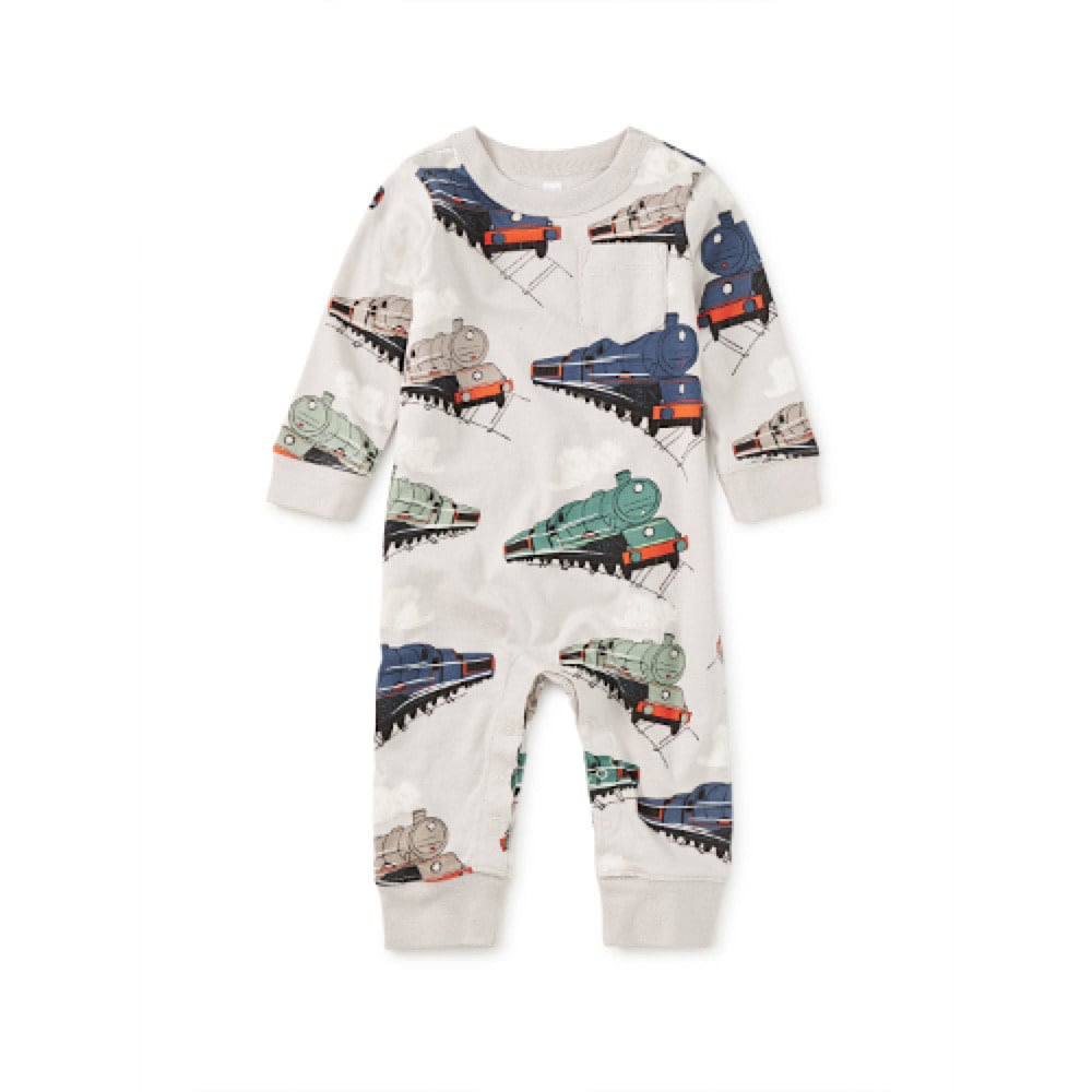 Tea Collection Tea Collection Long Sleeve Pocket Baby Romper - Great Railway Journey