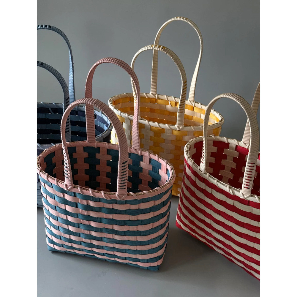 Underwater Weaving Retro-Striped Shoulder Basket - Blue Moon