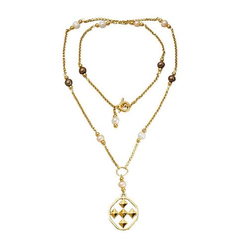 NECKLACE 36" LARIAT 18K GOLD & PEARLS SHIELD OF FAITH by GRACEWEAR NECKLACE 36" LARIAT 18K GOLD & PEARLS SHIELD OF FAITH by GRACEWEAR