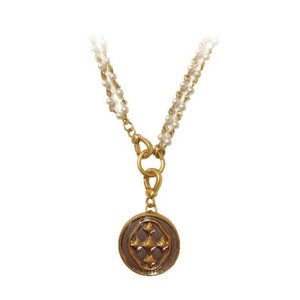 NECKLACE "ROSARY BEAD" PEARL 38.5" MATTE GOLD SHIELD OF FAITH MEDALLION by GRACEWEAR