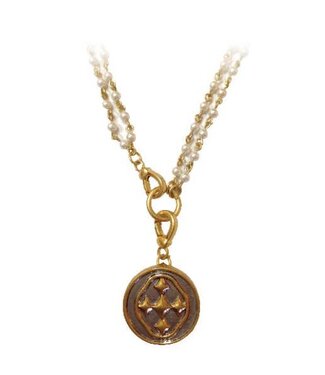 Necklace "Rosary Bead" Pearl 38.5" Matte Gold Shield of Faith Medallion by Gracewear