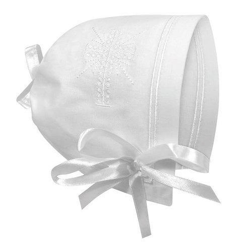 BABY BONNET WITH EMBROIDERED CROSS, STRAIGHT EDGE