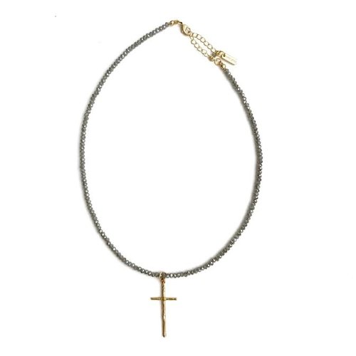 ERIN GRAY NECKLACE PRAYER MINIMALIST PYRITE WITH CROSS by ERIN GRAY ERIN GRAY NECKLACE PRAYER MINIMALIST PYRITE WITH CROSS by ERIN GRAY