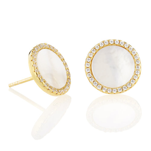 EARRINGS CIRCLE STUD MOTHER OF PEARL CZ RIM ELYSSA BASS EARRINGS CIRCLE STUD MOTHER OF PEARL CZ RIM ELYSSA BASS