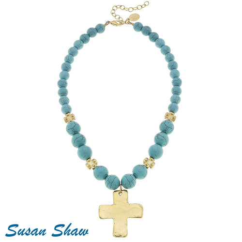 NECKLACE TURQUOISE & GOLD BEADS WITH GOLD CROSS by SUSAN SHAW NECKLACE TURQUOISE & GOLD BEADS WITH GOLD CROSS by SUSAN SHAW