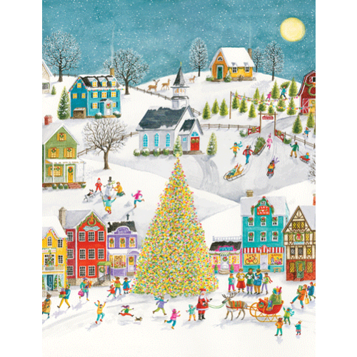 Winter Village Scene Boxed Christmas Cards by CASPARI Winter Village Scene Boxed Christmas Cards by CASPARI