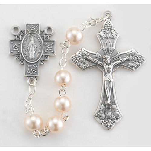ROSARY Faux Pearl Round Beads Silver Oxidized Crucifix and Center ROSARY Faux Pearl Round Beads Silver Oxidized Crucifix and Center