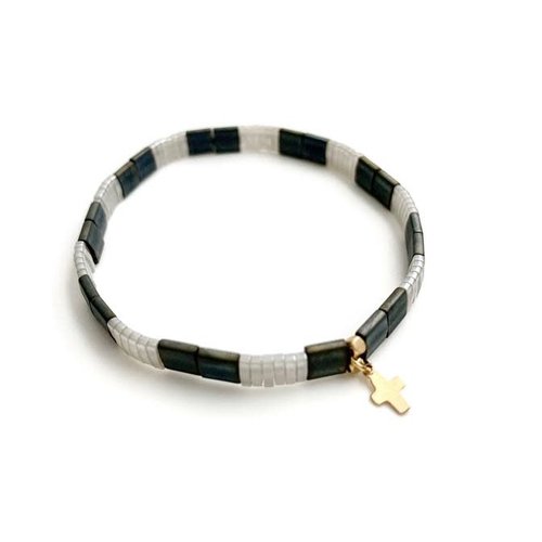 Chiclet Bracelet Navy & White with Cross by ERIN GRAY Chiclet Bracelet Navy & White with Cross by ERIN GRAY