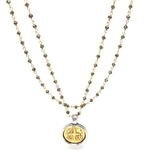 Pyrite Necklace Long with Gold Coin by ERIN GRAY Pyrite Necklace Long with Gold Coin by ERIN GRAY