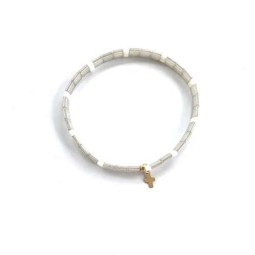 Chiclet Bracelet Gray & Pearl with Cross by ERIN GRAY Chiclet Bracelet Gray & Pearl with Cross by ERIN GRAY