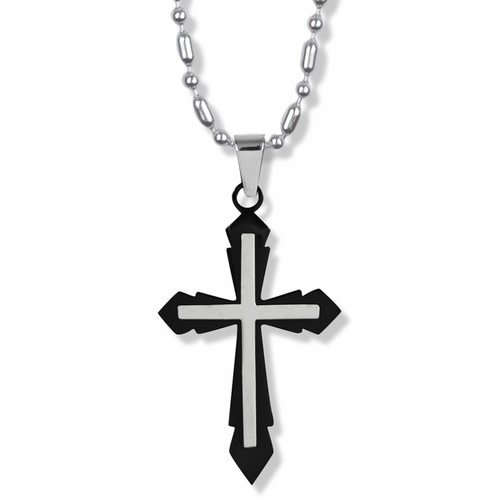 BLACK POINTED CROSS STAINLESS STEEL NECKLACE ON 22"BEADED CHAIN BLACK POINTED CROSS STAINLESS STEEL NECKLACE ON 22"BEADED CHAIN