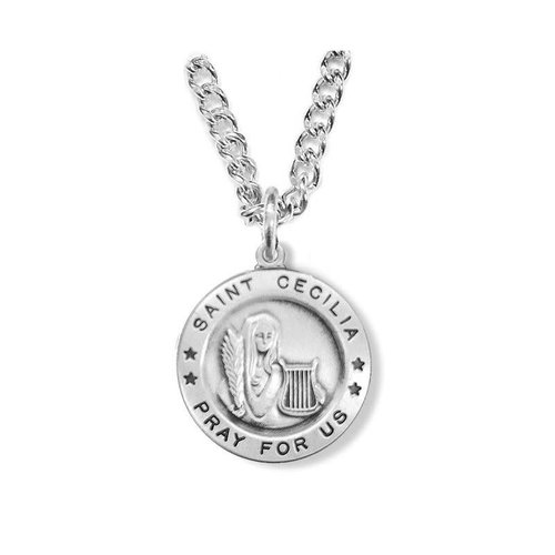 Medal St Cecilia 3/4" Round Sterling 18" Rhodium/Stainless Chain