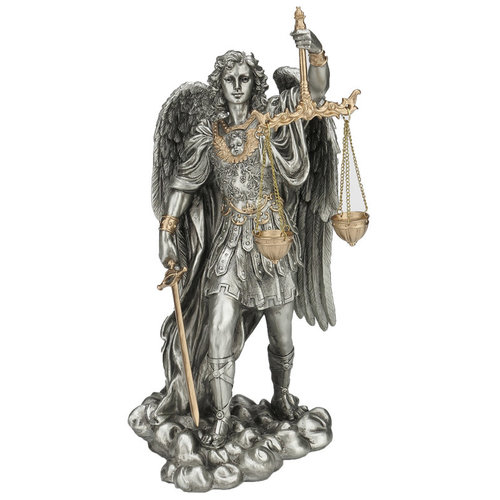 ST. MICHAEL with  SCALES OF JUSTICE STATUE  11" Pewter Style with Golden Accents