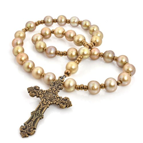 Anglican Rosary Champagne Freshwater Pearl Brown Baroque Cross