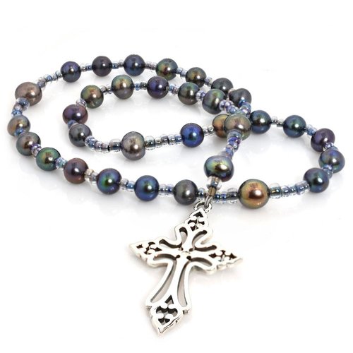ANGLICAN ROSARY CLECHEE CROSS PEACOCK FRESHWATER PEARL BROWN