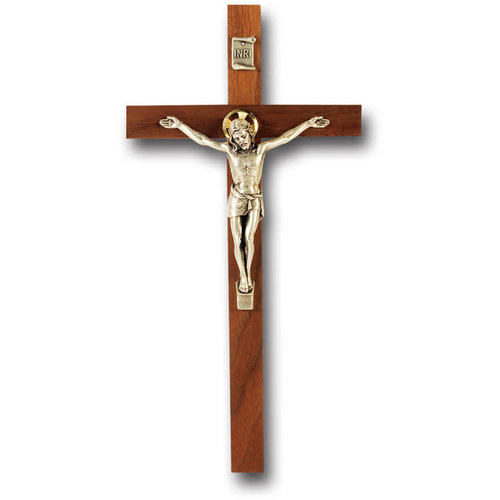 CRUCIFIX WITH ANTIQUE SILVER CORPUS 9" WALNUT CRUCIFIX WITH ANTIQUE SILVER CORPUS 9" WALNUT