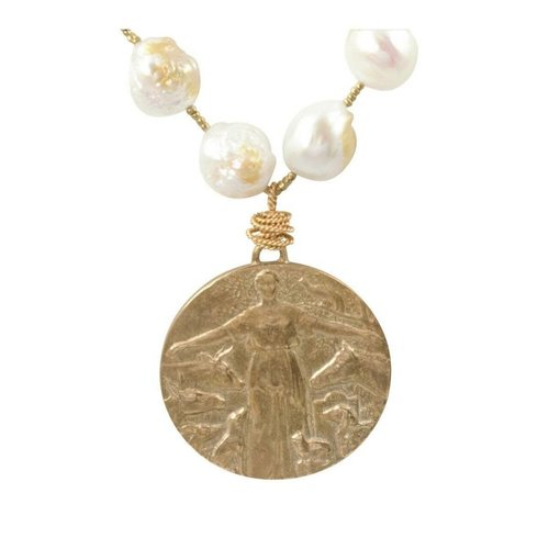 Baroque Pearls Animal Protection Medal Necklace by Andrea Barnett Baroque Pearls Animal Protection Medal Necklace by Andrea Barnett