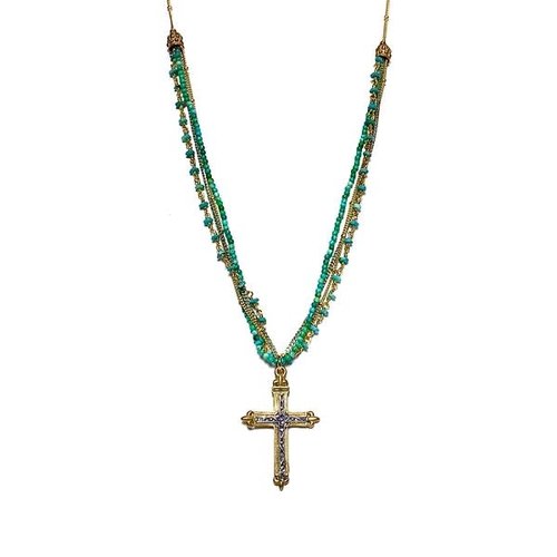 Bronze & Sterling Cross on Turquoise Gold & Silver 4 Strand Necklace by Andrea Barnett Bronze & Sterling Cross on Turquoise Gold & Silver 4 Strand Necklace by Andrea Barnett