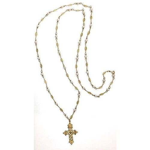 Bronze Gothic Cross Pearl Stations 38" Gold Necklace by Andrea Barnett Bronze Gothic Cross Pearl Stations 38" Gold Necklace by Andrea Barnett