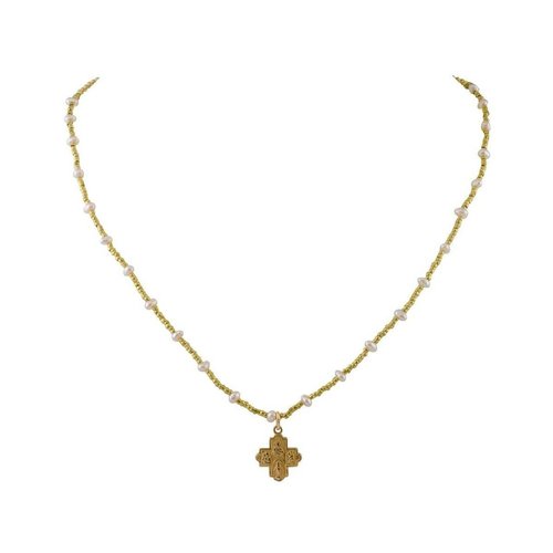 Tiny 4-Way Cross Gold Heishi Pink Pearls Necklace by Andrea Barnett Tiny 4-Way Cross Gold Heishi Pink Pearls Necklace by Andrea Barnett