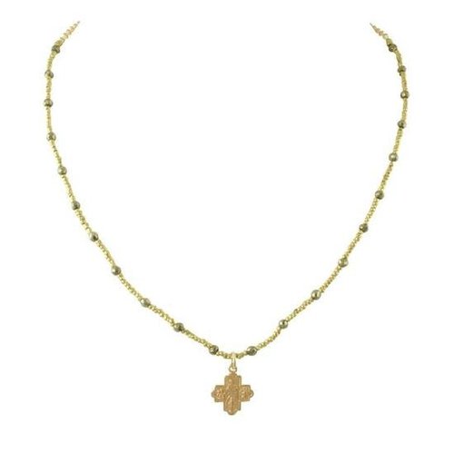 Tiny 4-Way Cross Pyrite Heishi Necklace by Andrea Barnett Tiny 4-Way Cross Pyrite Heishi Necklace by Andrea Barnett