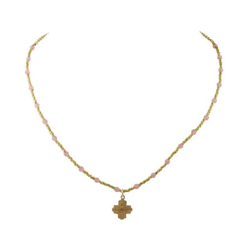 Tiny 4-Way Cross Pink Quartz Heishi Necklace by Andrea Barnett Tiny 4-Way Cross Pink Quartz Heishi Necklace by Andrea Barnett