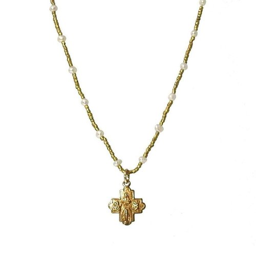 Tiny 4-Way Cross Pearl Heishi Necklace by Andrea Barnett Tiny 4-Way Cross Pearl Heishi Necklace by Andrea Barnett