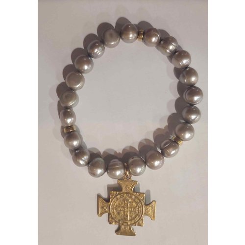 Green Pearl Gold Crucifix Bracelet by Andrea Barnett Green Pearl Gold Crucifix Bracelet by Andrea Barnett
