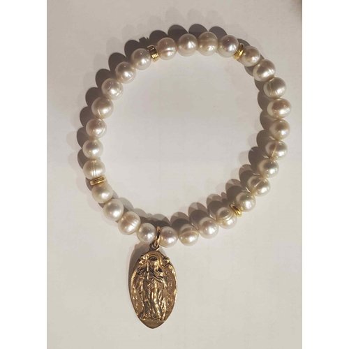 White Pearl St Christopher Bracelet by Andrea Barnett White Pearl St Christopher Bracelet by Andrea Barnett