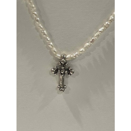 PEARL NECKLACE with STERLING FANCY CROSS 14" PEARL NECKLACE with STERLING FANCY CROSS 14"