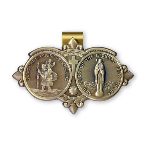 SAINT CHRISTOPHER OF HIGHWAY VISOR CLIP ANTIQUED BRASS SAINT CHRISTOPHER OF HIGHWAY VISOR CLIP ANTIQUED BRASS