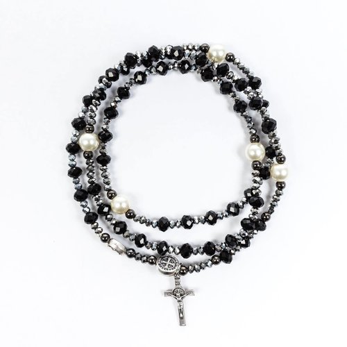 MY SAINT MY HERO Miracles Rosary Wrap Bracelet Black/Hematite Pearl