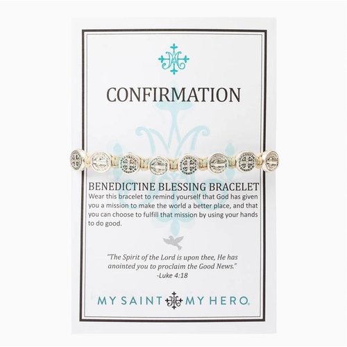MY SAINT MY HERO Confirmation Blessing Bracelet w/ 10 medals - Tan- Silver MY SAINT MY HERO Confirmation Blessing Bracelet w/ 10 medals - Tan- Silver