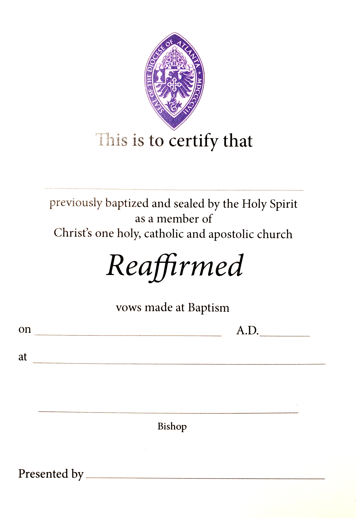 Certificates - Reaffirmation - The Cathedral Bookstore