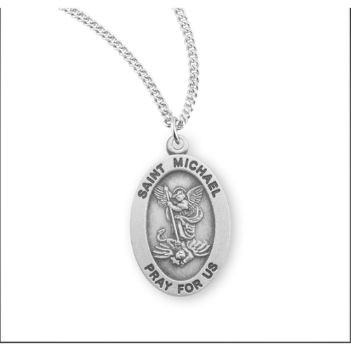 Saint Michael Archangel Oval Sterling Silver Medal  with 18" Chain