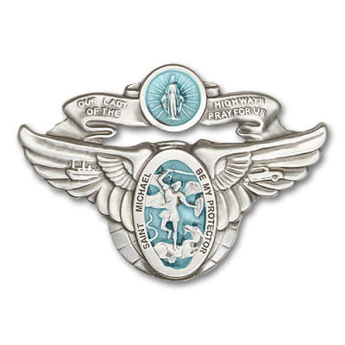 Bliss Our Lady of the Highway / St Michael Visor Clip, Antique Silver Bliss Our Lady of the Highway / St Michael Visor Clip, Antique Silver