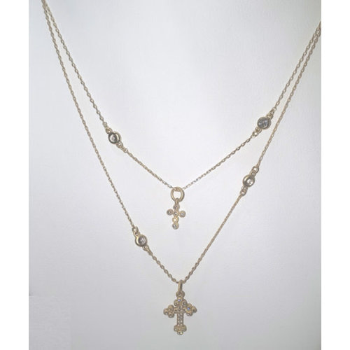 Gold Double Chain Pave Crosses Necklace by Be-Je Gold Double Chain Pave Crosses Necklace by Be-Je