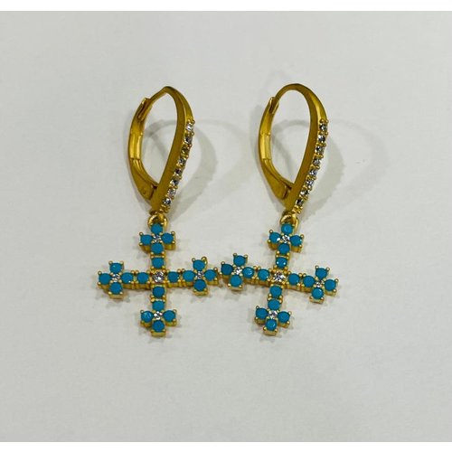 Gold & Turquoise Pave Cross Earrings Leverback by Be-Je Gold & Turquoise Pave Cross Earrings Leverback by Be-Je