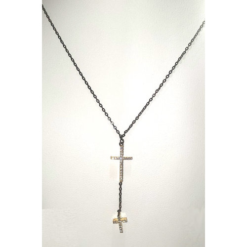 Black Double Chain Pave Cross Necklace by Be-Je Black Double Chain Pave Cross Necklace by Be-Je