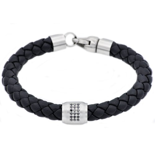 Mens Black Leather Bracelet with Black Cubic Zirconia Mens Black Leather Bracelet with Black Cubic Zirconia