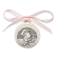 Pink Baby In the Manger Crib Medal Blue