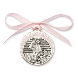 Pink Baby In the Manger Crib Medal Blue