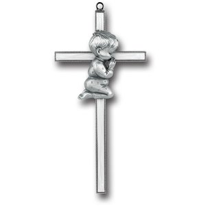CROSS PRAYING BABY BOY 7" PEARLIZED GOLD PLATE & PEWTER