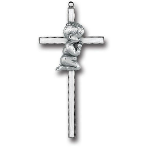 CROSS PRAYING BABY BOY 7" PEARLIZED GOLD PLATE & PEWTER