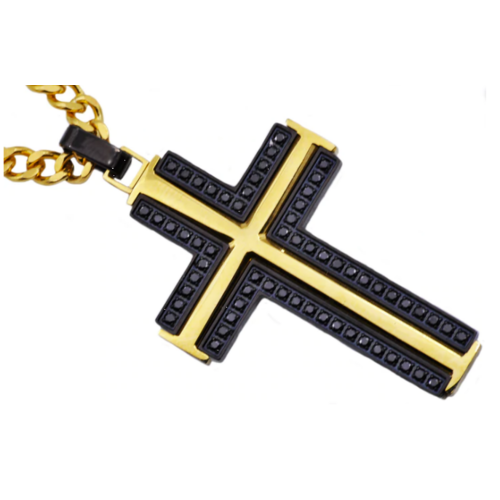 Mens Black And Gold Stainless Steel Cross Pendant Necklace With Black Cubic Zirconia
