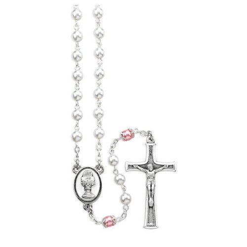 White Pearl & OFB Rose Pearl Capped Rosary with Chalice Centerpiece and Italian
