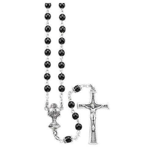 Black & OFB Black Pearl Capped Rosary with Chalice Centerpiece and Italian Crucifix Black & OFB Black Pearl Capped Rosary with Chalice Centerpiece and Italian Crucifix