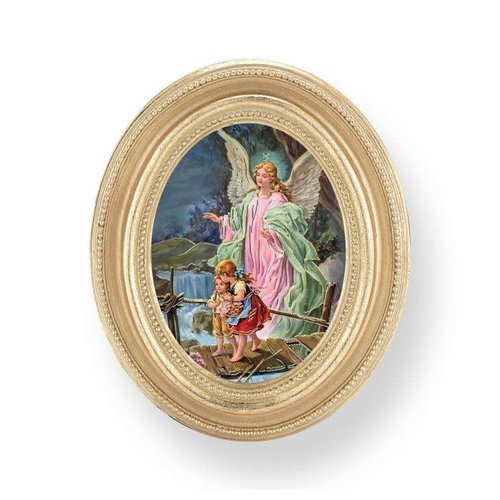 Guardian Angel Print in Gold Oval Frame