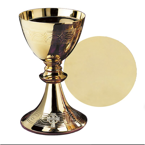 Etched Celtic Cross Chalice With Paten -Gold Plated Brass